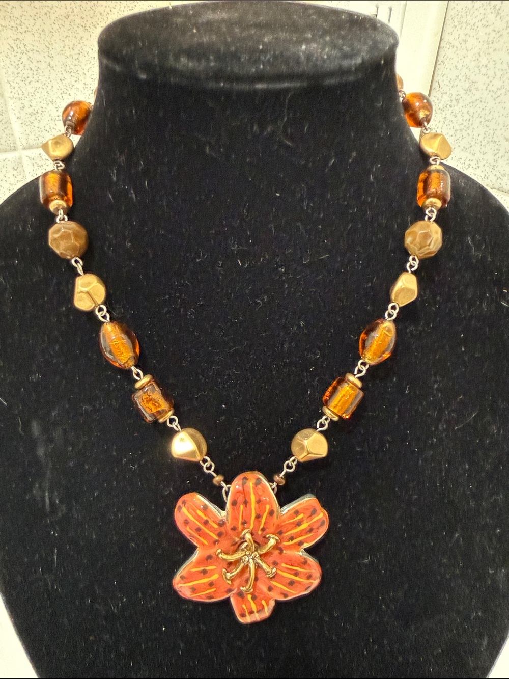Chico's Amber-Orange Floral Pendant Necklace